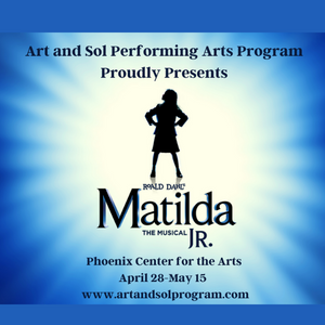 Graphic of shadow figure of a young girl with text Art and Soul Performing Arts Program Proudly presents Matilda Jr