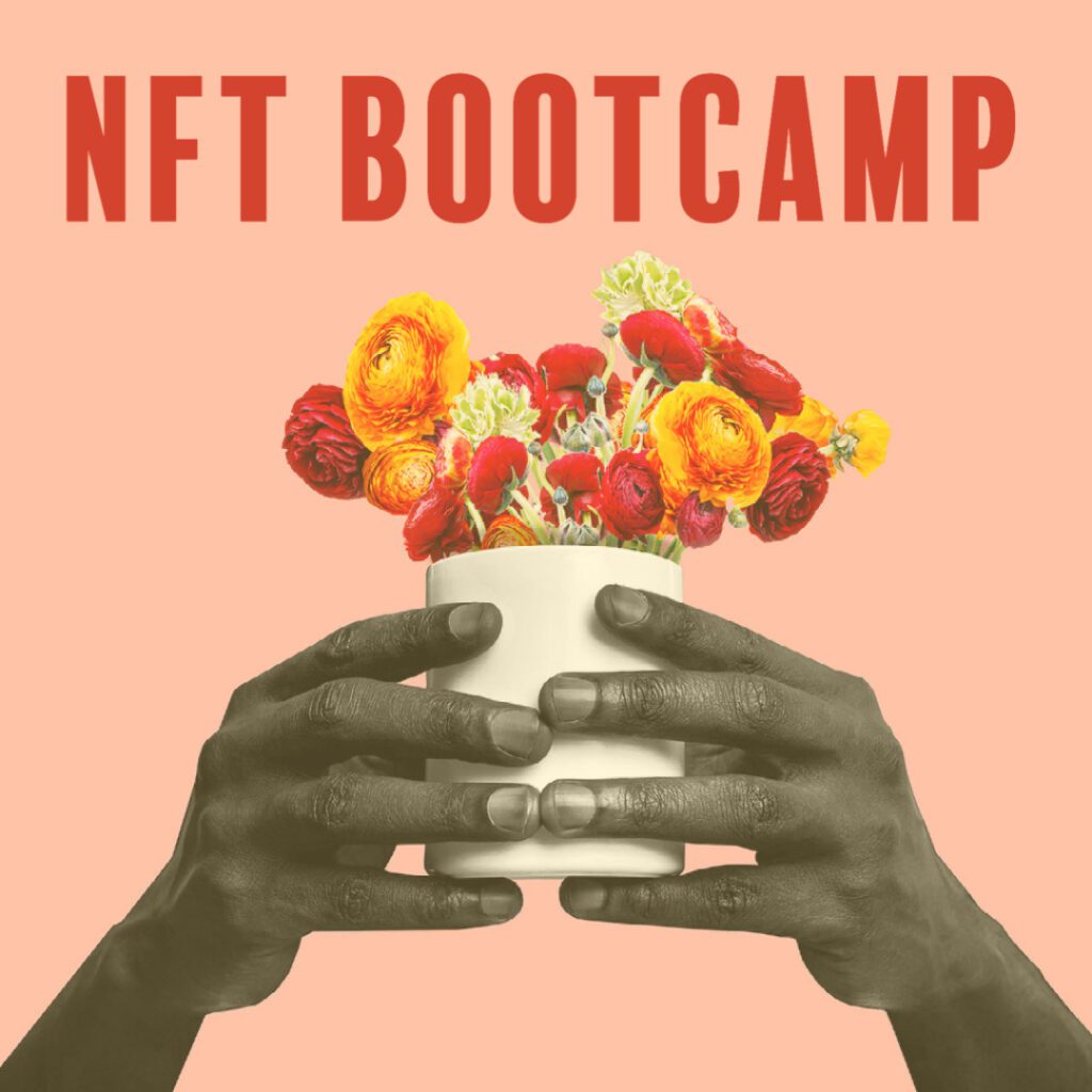 Graphic with text reading NFT BOOTCAMP above an image of two hands holding up a can with flowers in it