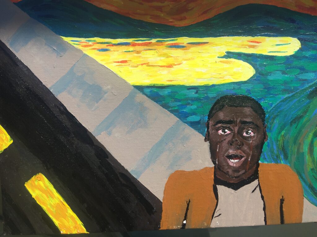 A painting of a person with a shocked expression and tears coming down their face, teal and yellow water in the background and a street landscape
