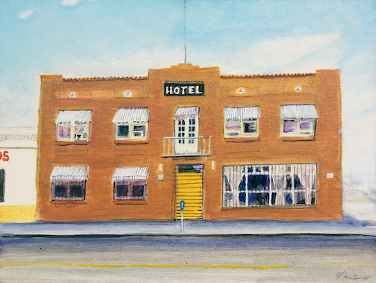 An acrylic painting of a brown colored hotel with windows and a yellow door from a street view. 