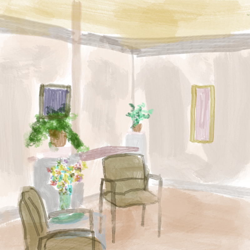 A pastel watercolor painting of the Larry Wilson Gallery space. Two chairs next to flowers and pedestals, framed painting hanging on the walls.