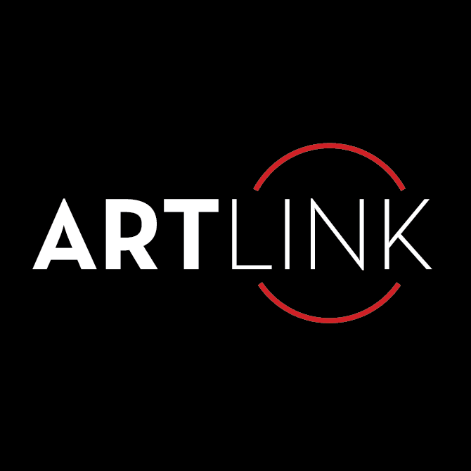 Artlink Logo, black background with white writing that says "Artlink" with a red circle around the word "link"