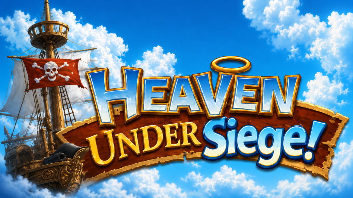 “Heaven Under Siege” title over a pirate ship with a skull-and-crossbones flag and a halo against a bright blue sky