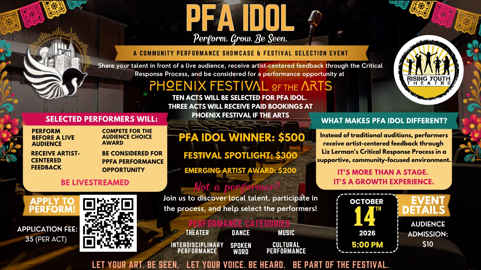 PFA Idol promotional poster for a community performance showcase and festival selection event on October 14, 2026, featuring live performance opportunities and awards.